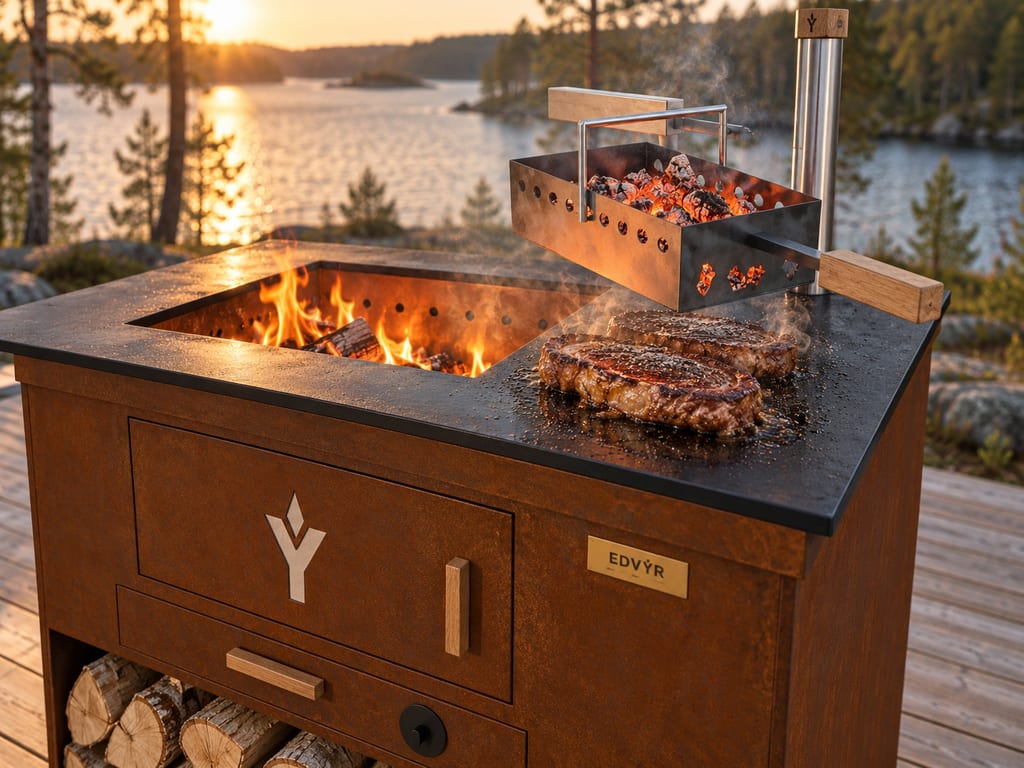 Konceptbild: glödkorg med glöd på armen över stålplanchan där två köttbitar steks, elden syns i hålet.