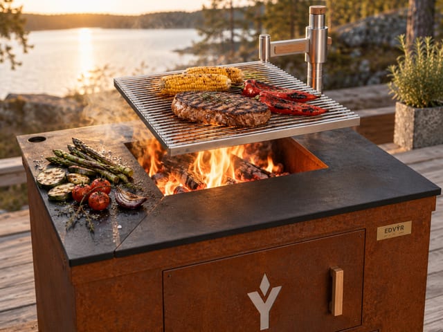 Konceptbild: grillgaller med majs, kött och paprika på armen över elden i EDVYR HÄRD, grönsaker på stålplanchan.
