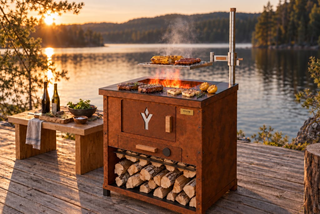 Konceptbild: EDVYR HÄRD i corten på en brygga vid en sjö i kvällsljus, med grillgaller över elden och björkved i vedfacket.